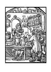FARMACEUTICO. De el libro de los oficios (Ständebuch) 1558. Nuremberg. Dibujo y adaptación de Ex libris personal sobre el original
